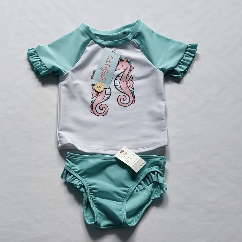 Cat & Jack Blue and White Rashguard Swim Set with Ruffle Sleeves 18 Mns‎